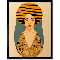 Artery8 Wall Art Print Retro Woman Mid Century Bohemian Yellow Art Nouveau Art Framed in Black | Size: W12" x H16"