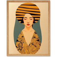 Artery8 Wall Art Print Retro Woman Mid Century Bohemian Yellow Art Nouveau Art Framed in Light Oak | Size: W12" x H16"