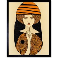 Artery8 Wall Art Print Woman Portrait Retro Mid Century Modern Art Nouveau Art Framed in Black | Size: W12" x H16"