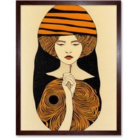 Artery8 Wall Art Print Woman Portrait Retro Mid Century Modern Art Nouveau Art Framed in Brown | Size: W12" x H16"