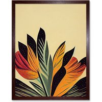 Artery8 Wall Art Print Abstract Retro Art Nouveau Flowers in Bloom Black Gold Art Framed in Brown | Size: W12" x H16"
