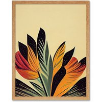 Artery8 Wall Art Print Abstract Retro Art Nouveau Flowers in Bloom Black Gold Art Framed in Light Oak | Size: W12" x H16"