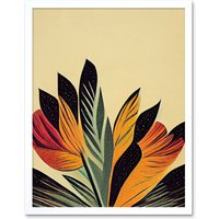 Artery8 Wall Art Print Abstract Retro Art Nouveau Flowers in Bloom Black Gold Art Framed in White | Size: W12" x H16"