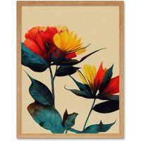 Artery8 Wall Art Print Botanical Bold Flowering Yellow Red Teal Art Framed in Light Oak | Size: W12" x H16"