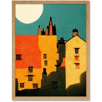 Artery8 Wall Art Print Paper Cut Dean Village Edinburgh in Vibrant Reds & Yellows Art Framed in Light Oak | Size: W12" x H16"
