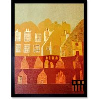 Artery8 Wall Art Print Vintage Folk Art Mid Century Cityscape Abstract Art Framed in Black | Size: W12" x H16"