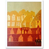 Artery8 Wall Art Print Vintage Folk Art Mid Century Cityscape Abstract Art Framed in White | Size: W12" x H16"