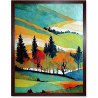 Artery8 Wall Art Print Colourful Autumn Landscape Scotland Hillside Forest Oil Painting Art Framed in Brown | Size: W12" x H16"