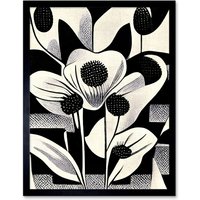 Artery8 Wall Art Print Monochrome Black White Abstract Retro Flower Pattern Art Framed | Size: W12" x H16"