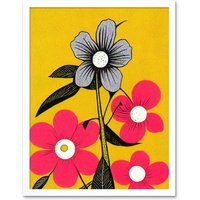 Artery8 Wall Art Print Bold Flowers Linocut Pink & Mustard Yellow Art Framed in White | Size: W12" x H16"