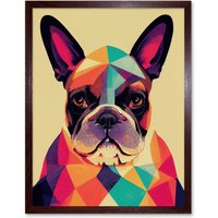 Artery8 Wall Art Print Vibrant Colourful Geometric French Bulldog Portrait Design Art Framed in Brown | Size: W12" x H16"