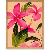Artery8 Wall Art Print Exotic Pink Plumeria Flower Plant Blooms Watercolour Pencil Art Framed in Light Oak | Size: W12" x H16"