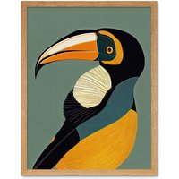 Artery8 Wall Art Print Keel Billed Toucan Bird Portrait Vintage Art Framed in Light Oak | Size: W12" x H16"