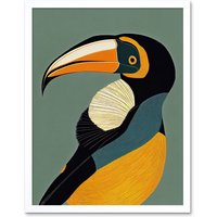 Artery8 Wall Art Print Keel Billed Toucan Bird Portrait Vintage Art Framed in White | Size: W12" x H16"