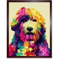 Artery8 Wall Art Print Colourful Vibrant Floral Labradoodle Dog Abstract Portrait Art Framed in Brown | Size: W12" x H16"