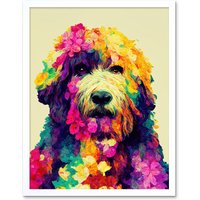 Artery8 Wall Art Print Colourful Vibrant Floral Labradoodle Dog Abstract Portrait Art Framed in White | Size: W12" x H16"