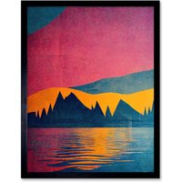 Artery8 Wall Art Print Sunset at Lakeside Modern Colourful Pop Art Design Art Framed in Black | Size: W12" x H16"