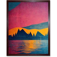 Artery8 Wall Art Print Sunset at Lakeside Modern Colourful Pop Art Design Art Framed in Brown | Size: W12" x H16"