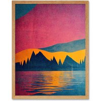 Artery8 Wall Art Print Sunset at Lakeside Modern Colourful Pop Art Design Art Framed in Light Oak | Size: W12" x H16"