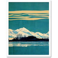 Artery8 Wall Art Print Winter Lakeside Landscape With Snowy Mountains Duotone Teal Art Framed in White | Size: W12" x H16"