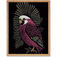 Artery8 Wall Art Print Tropical Bird Jungle Deep Green Linocut Retro Vintage Art Framed in Light Oak | Size: W12" x H16"