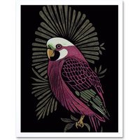 Artery8 Wall Art Print Tropical Bird Jungle Deep Green Linocut Retro Vintage Art Framed in White | Size: W12" x H16"