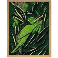 Artery8 Wall Art Print Green Modern Vintage Retro Abstract Jungle Tropical Leaves Parrots Art Framed in Light Oak | Size: W12" x H16"