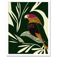 Artery8 Wall Art Print Green Orange Pink Cream Modern Vintage Tropical Plant Leaves with Bird Art Framed in White | Size: W12" x H16"