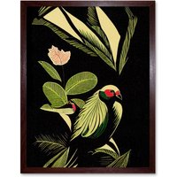 Artery8 Wall Art Print Green Black Modern Vintage Tropical Plant Leaves with Bird Art Framed in Brown | Size: W12" x H16"
