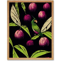 Artery8 Wall Art Print Parrot in Tree Fruit Bright Green & Purple Black Colour Linocut Modern Vintage Art Framed in Light Oak | Size: W12" x H16"