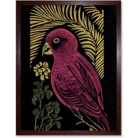 Artery8 Wall Art Print Pink Parrot Bird Black Gold Tropical Plants Modern Vintage Linocut Art Framed in Brown | Size: W12" x H16"