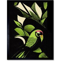 Artery8 Wall Art Print Vibrant Bright Lime Green Black Cream Jungle Leaf Pattern with Bird Modern Vintage Linocut Art Framed | Size: W12" x H16"