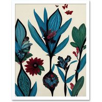 Artery8 Wall Art Print Abstract Paper Quilling Floral Blooms Flowers Butterflies Blue Burgundy Green Cream Art Framed in White | Size: W12" x H16"