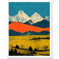 Artery8 Wall Art Print Winter Mountains Landscape Modern Papercut Blue Orange Mustard Art Framed in White | Size: W12" x H16"