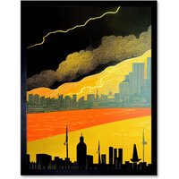 Artery8 Wall Art Print Modern Black Yellow Orange Linocut London Skyline Cityscape Storm Lightning Art Framed | Size: W12" x H16"