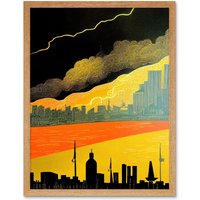 Artery8 Wall Art Print Modern Black Yellow Orange Linocut London Skyline Cityscape Storm Lightning Art Framed in Light Oak | Size: W12" x H16"