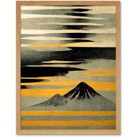 Artery8 Wall Art Print Modern Simple Mount Fuji Painting in Silver Grey Black Gold Art Framed in Light Oak | Size: W12" x H16"