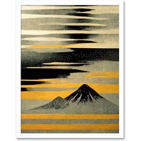 Artery8 Wall Art Print Modern Simple Mount Fuji Painting in Silver Grey Black Gold Art Framed in White | Size: W12" x H16"
