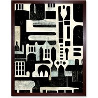 Artery8 Wall Art Print Bold Monochrome Modern Vintage Abstract Geometric Black White Cream Grey Art Framed in Brown | Size: W12" x H16"