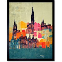 Artery8 Wall Art Print Boho Abstract Multi Coloured Cityscape Skyline Painting Folk Art Framed in Black | Size: W12" x H16"