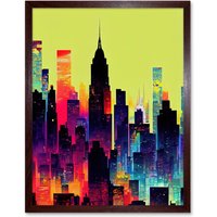 Artery8 Wall Art Print New York Vibrant Multi Coloured Graphic Design Skyscraper Cityscape Silhouette Art Framed in Brown | Size: W12" x H16"