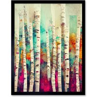Artery8 Wall Art Print Abstract Multi Coloured Birch Tree Forest Vibrant Colourful Oil Painting Art Framed in Black | Size: W12" x H16"