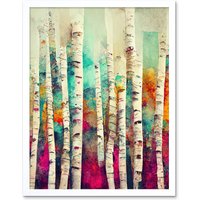 Artery8 Wall Art Print Abstract Multi Coloured Birch Tree Forest Vibrant Colourful Oil Painting Art Framed in White | Size: W12" x H16"