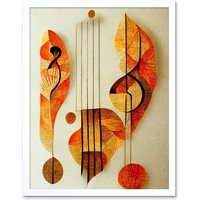 Artery8 Wall Art Print Modern Abstract Musical Symbol Clef & Staff in Warm Autumn Colours Art Framed in White | Size: W12" x H16"