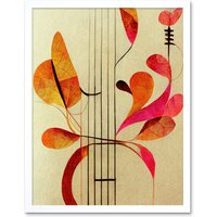 Artery8 Wall Art Print Abstract Autumnal Boho Leaves & Musical Music Staff Lines Cream Pink Copper Yellow Art Framed in White | Size: W12" x H16"