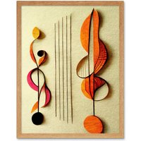 Artery8 Wall Art Print Abstract Autumnal Boho Music Clefs & Staff Musical Cream Copper Pink Yellow Art Framed in Light Oak | Size: W12" x H16"
