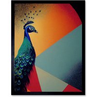 Artery8 Wall Art Print Modern Peacock Portrait in Colourful Abstract Vibrant Orange Art Framed in Black | Size: W12" x H16"