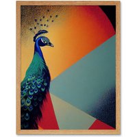 Artery8 Wall Art Print Modern Peacock Portrait in Colourful Abstract Vibrant Orange Art Framed in Light Oak | Size: W12" x H16"