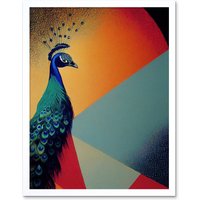 Artery8 Wall Art Print Modern Peacock Portrait in Colourful Abstract Vibrant Orange Art Framed in White | Size: W12" x H16"
