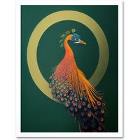 Artery8 Wall Art Print Glamorous Stylish Chic Modern Peacock Green Gold Orange Art Framed in White | Size: W12" x H16"